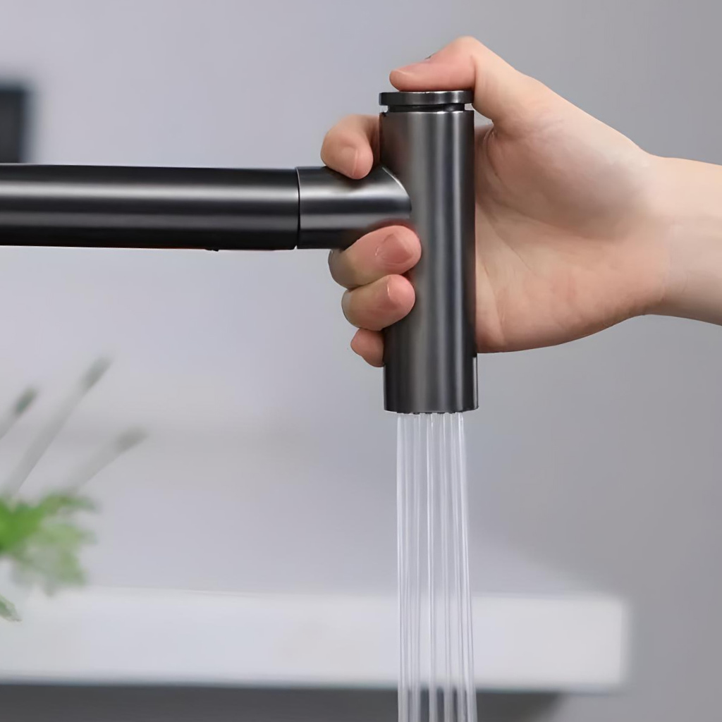 Contemporary Black Brass Waterfall Kitchen Faucet with Pull-Out Sprayer - Image 4