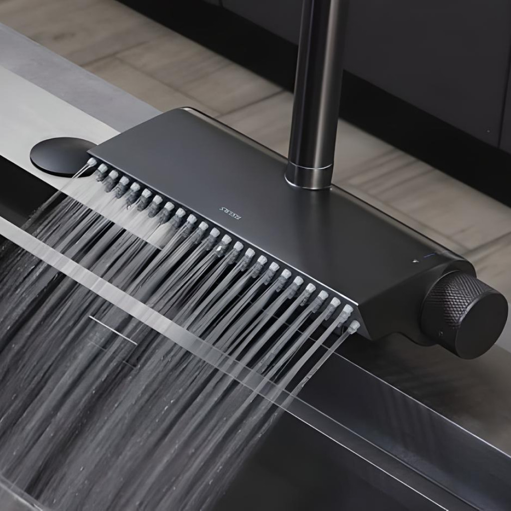 Contemporary Black Brass Waterfall Kitchen Faucet with Pull-Out Sprayer - Image 3