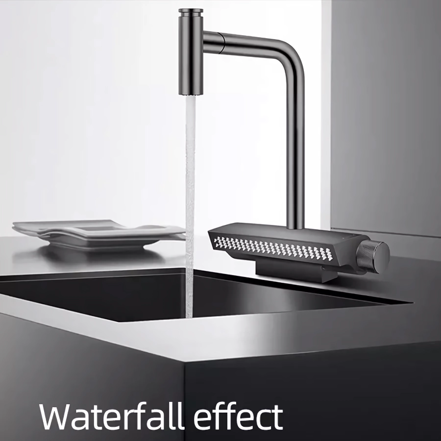 Contemporary Black Brass Waterfall Kitchen Faucet with Pull-Out Sprayer - Image 7