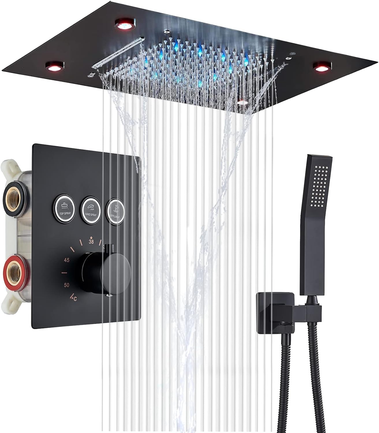 Luxury Gold Thermostatic LED Shower Set with Rainfall & Waterfall Ceiling Mount - Image 7