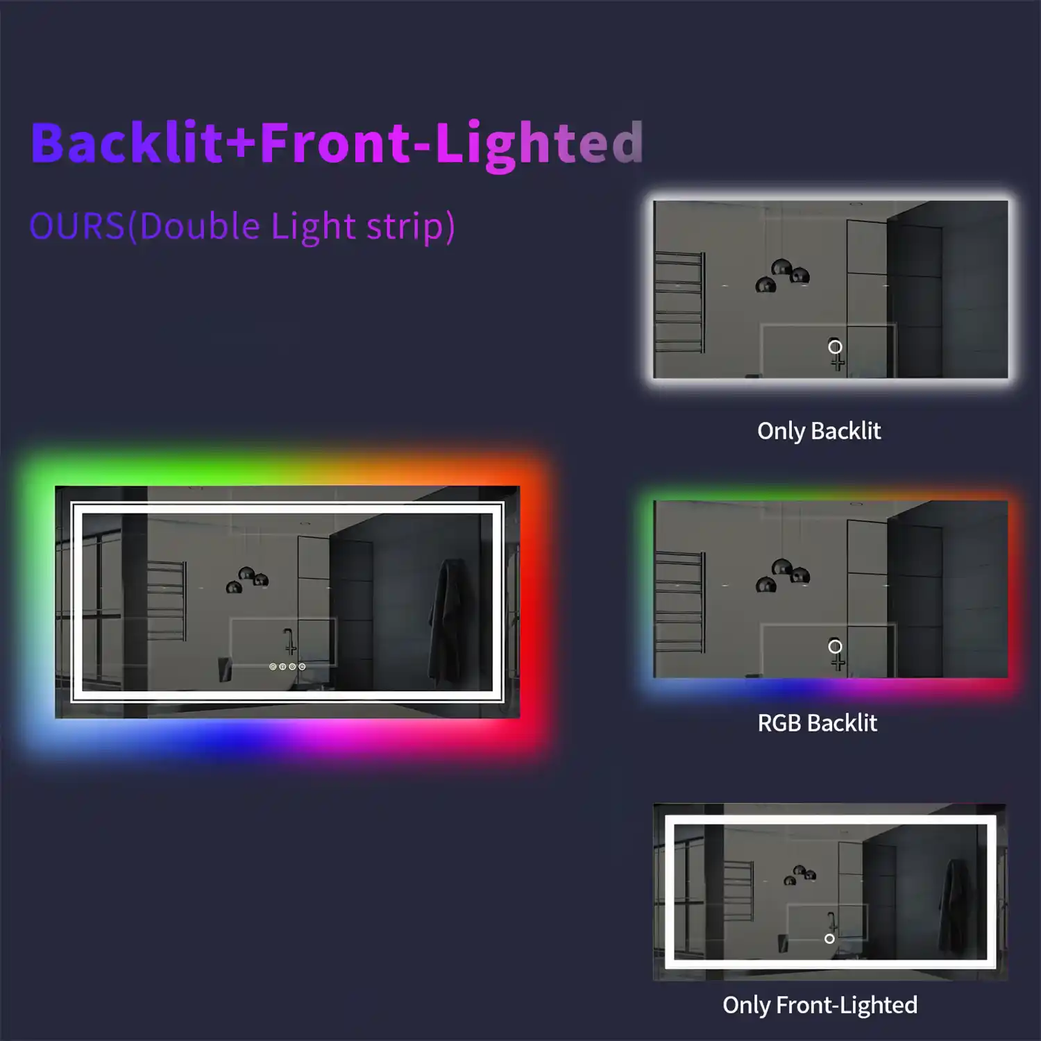 Elegant LED Vanity Mirror with RGB Backlight & Dimmable Anti-Fog Features for Modern Bathrooms - Image 3